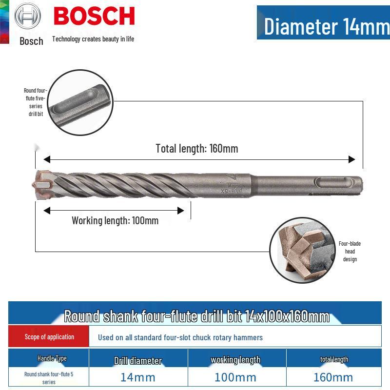 Bosch 5-Series Electric Hammer Drill Bit, Four-Groove, Cross Wall-Penetrating, Extended Length, Round Shank for Concrete.