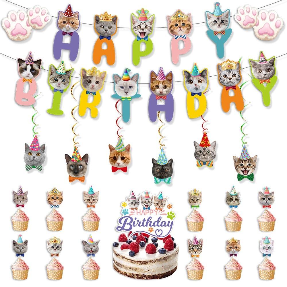 Animal Themed Pet Cat Party Banner Multicolor Cartoon Cat Cartoon Cat Garland Mixed Pattern Birthday Party Decoration Set
