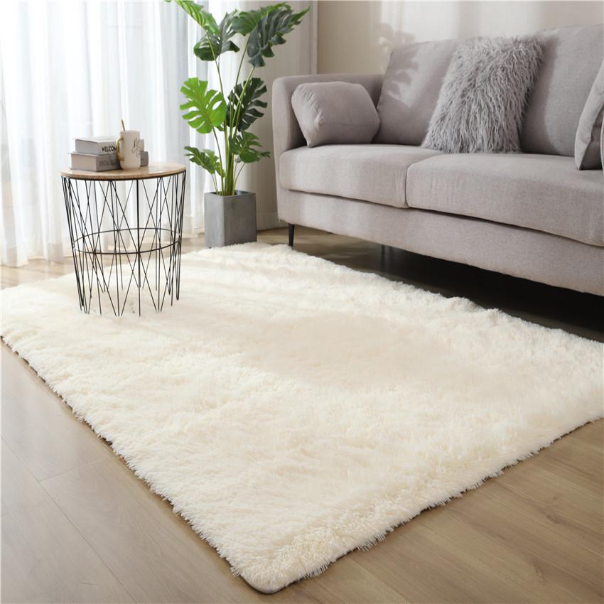 Long Pile Silk Wool Carpet - Full Coverage Bedroom and Living Room Rug, Solid Color