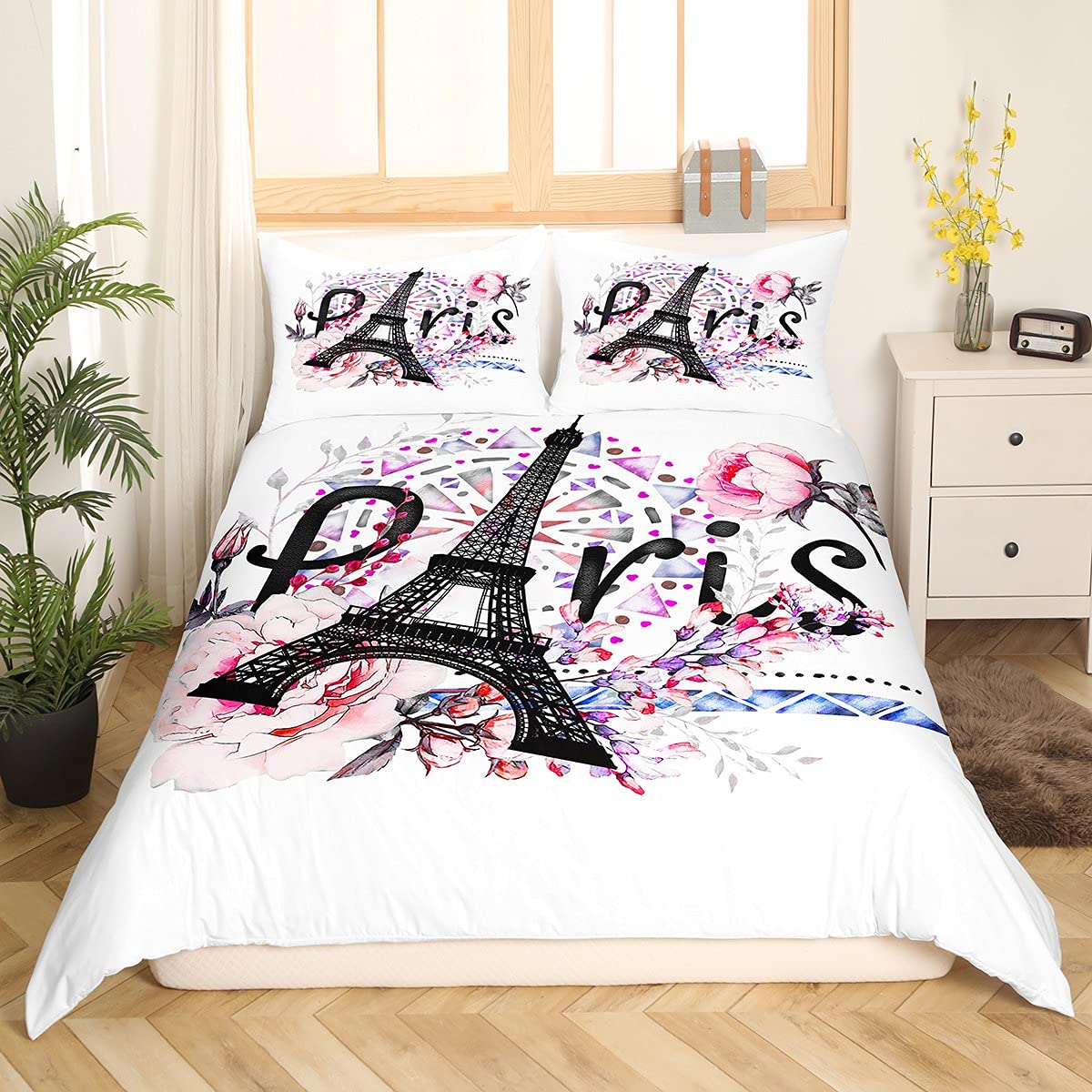 

Durable Soft Eiffel Tower Size Paris For Boy Girl Polyester Cityscape Wooden Texture King Quilt Comforter (quilt)-EU Single(135*200cm)3pcs