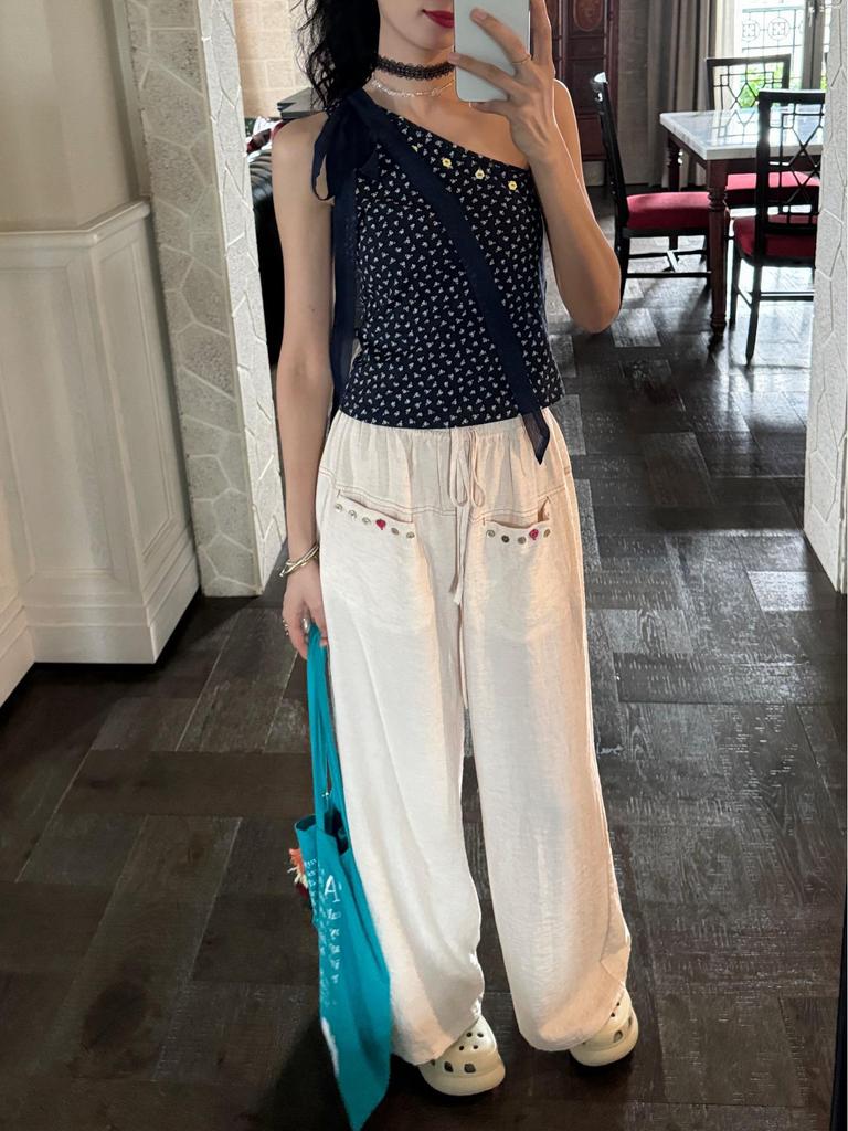 Floral Off-Shoulder Camisole Vest with Hanging Neck Scarf - Women's Slimming Spring/Summer Top