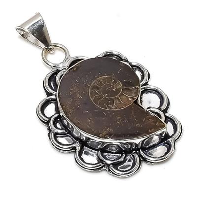 Piatră prețioasă fosilă de amonit Bijuterii lucrate manual din argint sterling 925 Pandantiv 1.97" I2g00