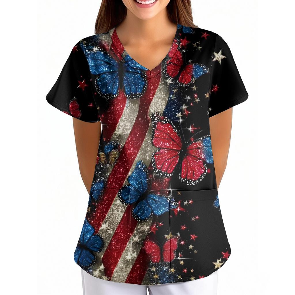Women's Independence Day Printed Loose V-Neck Pocket Short-Sleeve Caregiver/Uniform