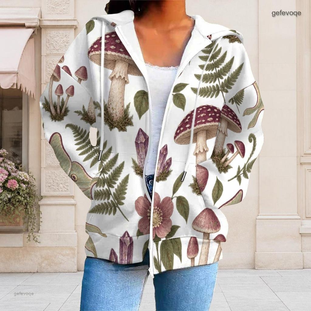 Women Plus Size Zip Up Long Sleeve Drawstring Hoodie White Dark Rose Bat Key Lock Printed Sweatshirt With Pockets
