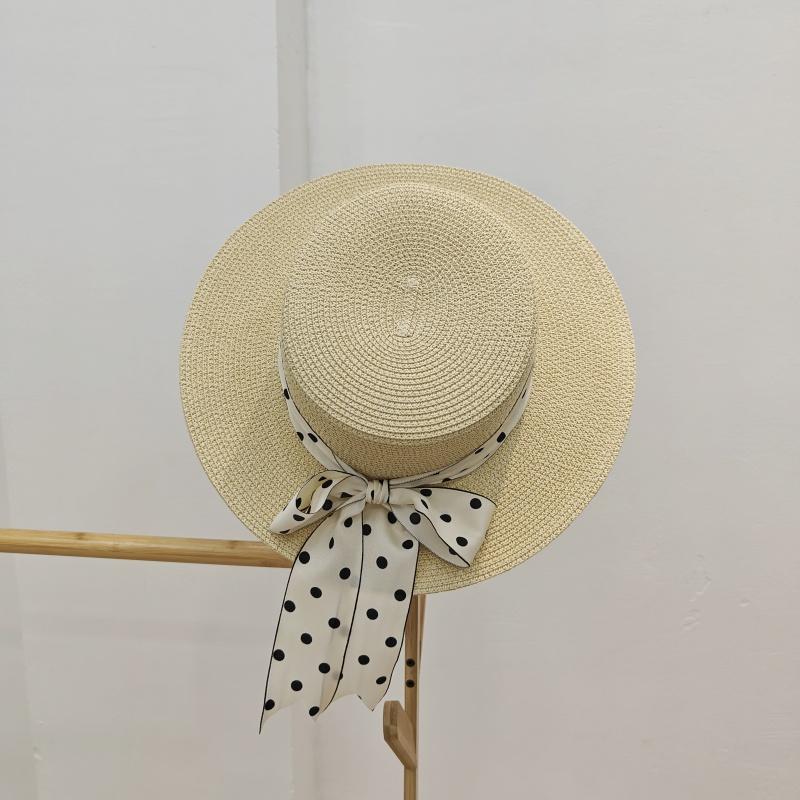 Hat Women's Summer Sunshade Sunscreen Hat Elegant Polka Dot Long Streamer Flat Top Hat Seaside Vacation Hat