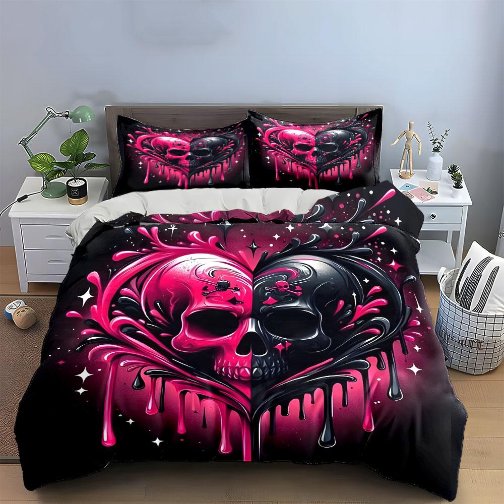"Skull Heart Art Decor Set" Soft Skin-Friendly Bedding Set Includes 1 Duvet Cover And 2 Pillowcase Gift