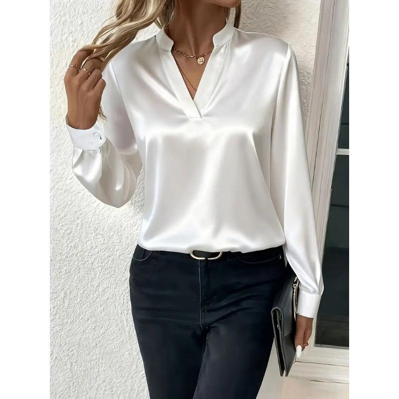 New Spring and Autumn Loose V-neck Office Womens Blouse Simple Long Sleeved Shirt Fashion Casual Solid Color Elegant Clothing