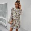 Spring Summer Loose Floral Short Women Casual Ruffles Half High Collar Ladies A Line Oversize Print Dress