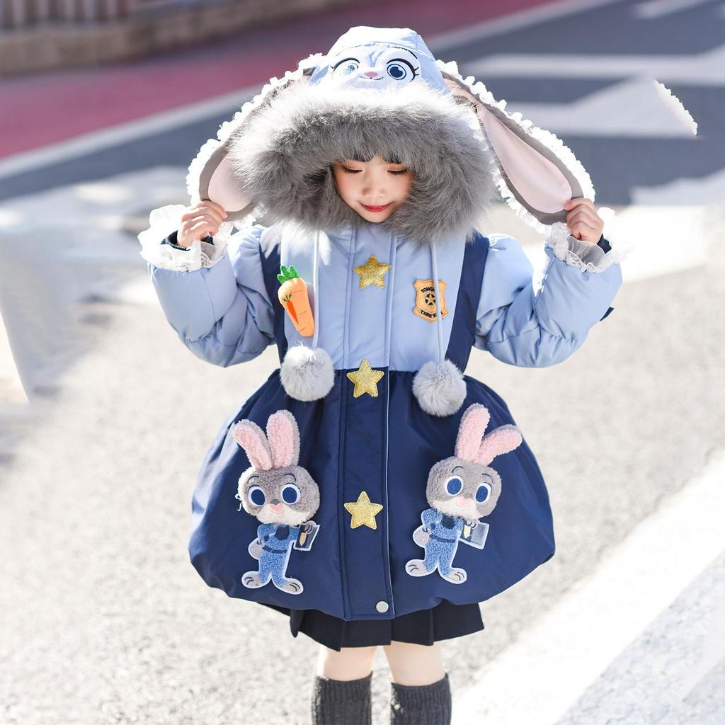 2025 Winter Girls' Elegant Rabbit Officer Down Jacket – High-End Fashion Baby Coat