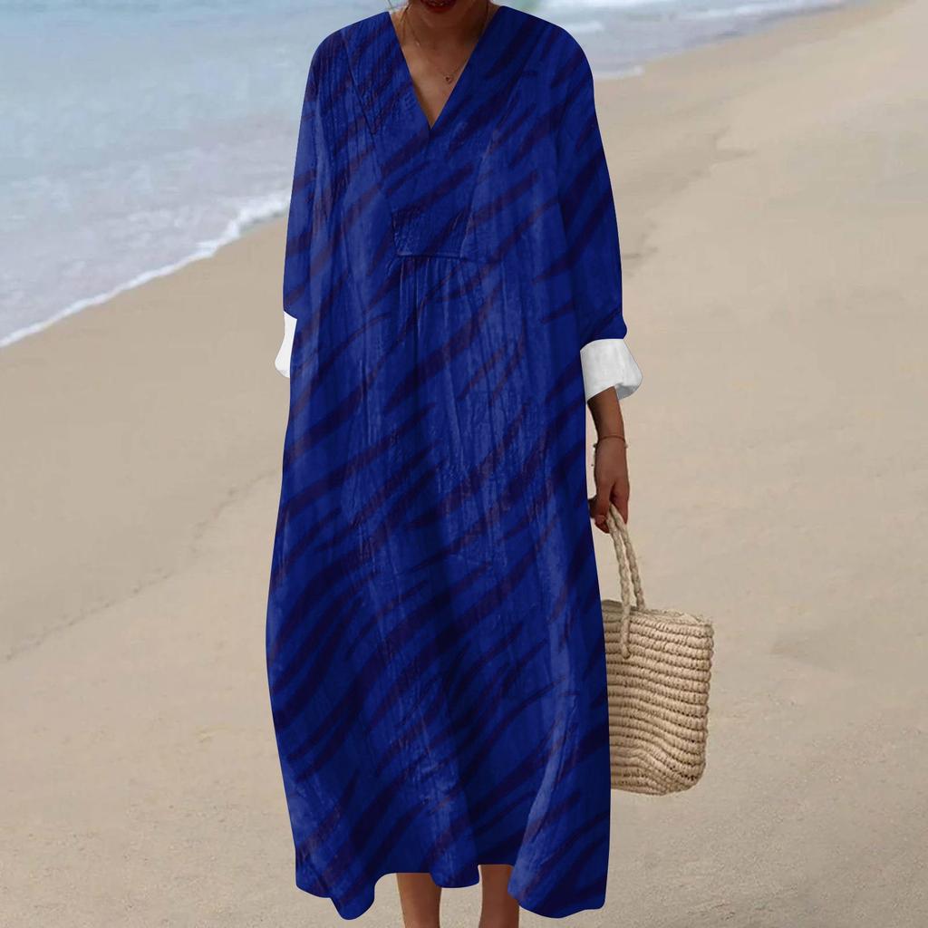 Women's Casual Fashion V-Neck Long Sleeve Floral Print Maxi Dress