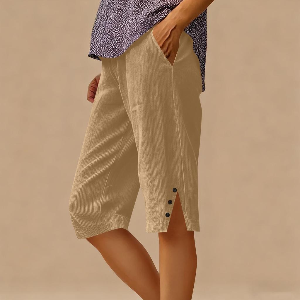 Women’s Corduroy Knee Length Shorts Relaxed Fit Button Side Pockets Casual Lightweight Soft Material