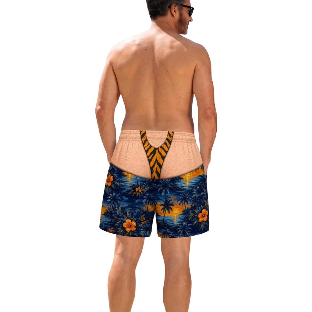 Men's Fun Printed Stretch Waist Drawstring Shorts, Beach Pants, Swimming Trunks