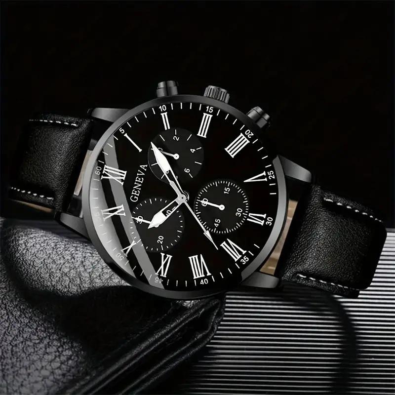 GENEVA Trendy Men's Minimalist Leather Belt Business Watch Set