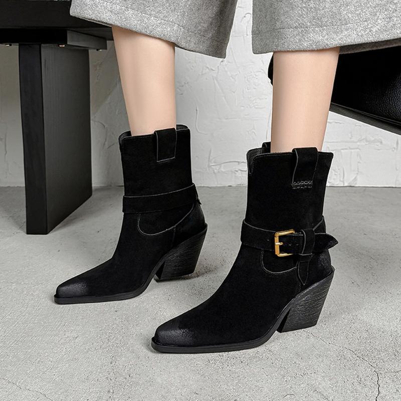 Fashion NEW Autumn Women Boots Pointed Toe Chunky Heel Shoes Cow Suede Leather Shoes for Women Casual Slip-on Western Boots Daily Shoes