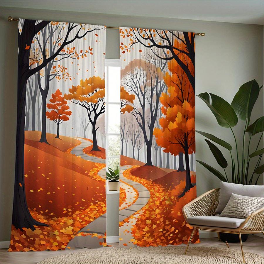 2pc Autumn Landscape Print Curtains   Polyester Fabric   Machine Washable   Suitable for Living Room and Bedroom Decoration