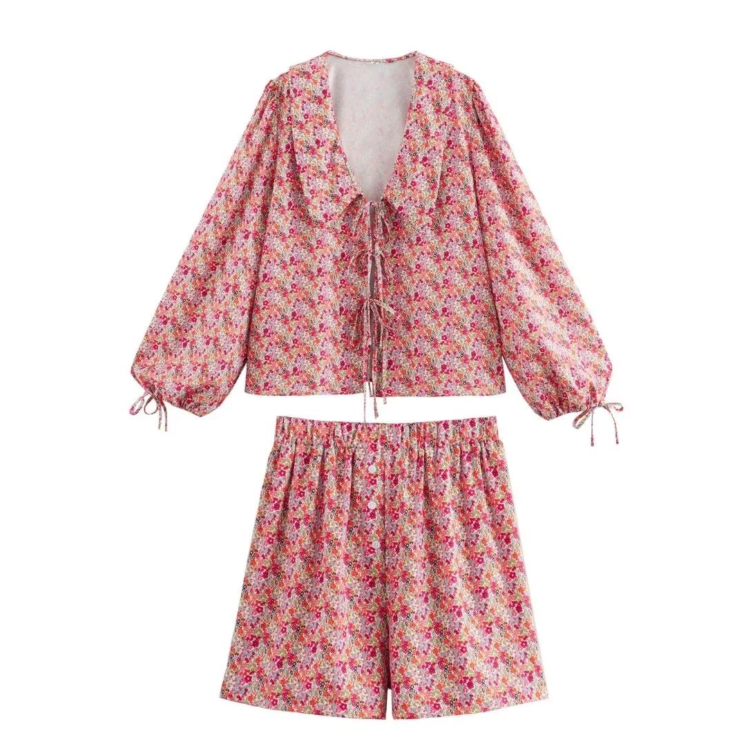 

Повсякденні шорти з квітковим принтом, 2 предмети, жіночі лялькові коміри, сорочки на шнурівці, комплекти коротких штанів у стилі ампір, літні пляжні жіночі вільні костюми 2024 року L