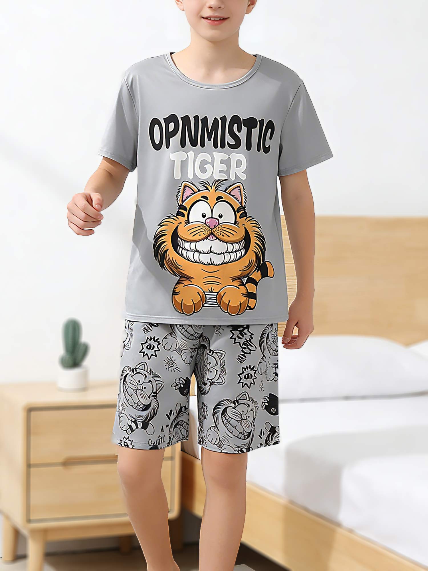 Teens Boys Clothing Sets Size 13-16 Years, Cartoon Print Grey Casual Crewneck Short Sleeve T-Shirt & Pants 13Y серый