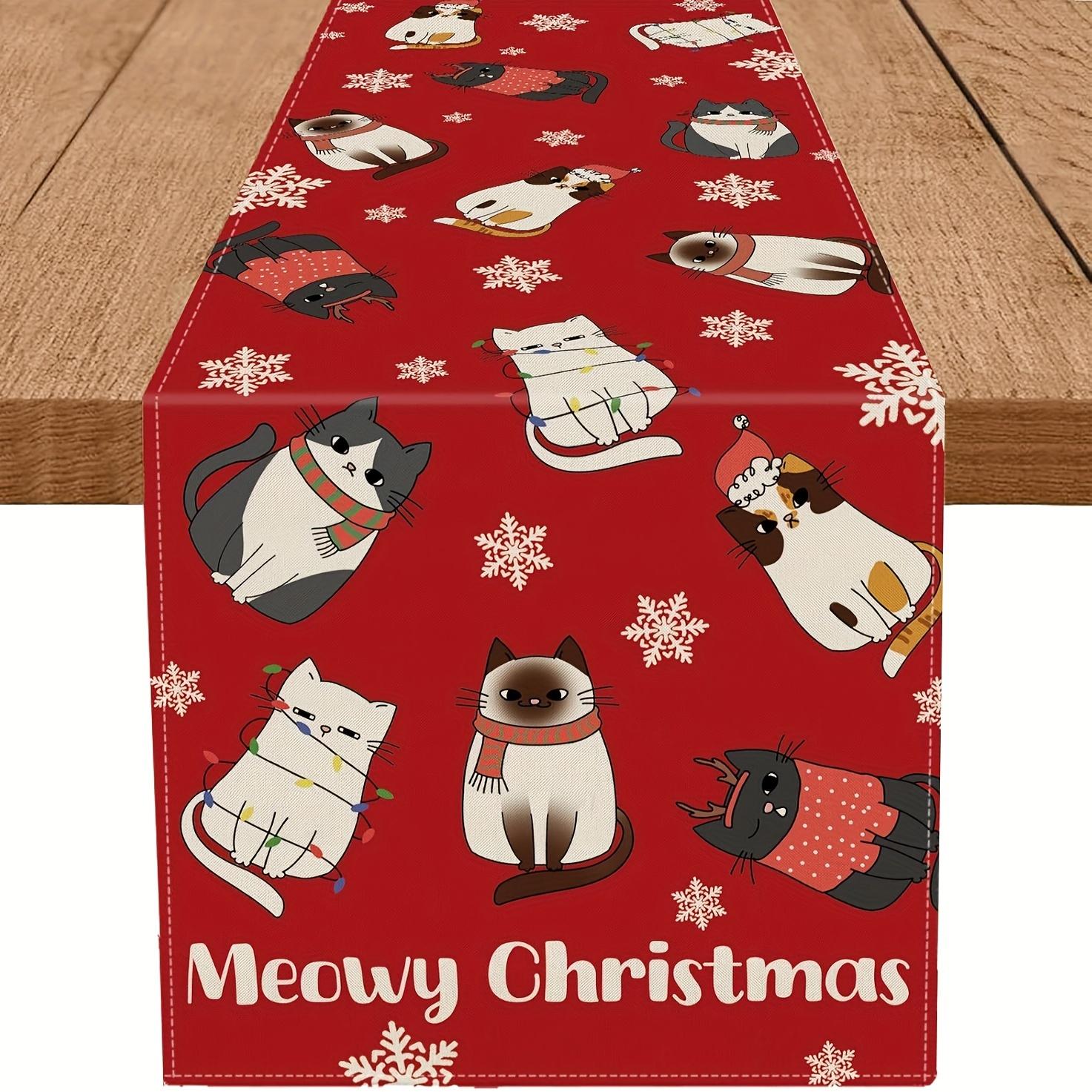 

1Pcs Christmas Cat Table Runner Polyester With Festive Cat Snowflake And Merry Christmas Design For Dining Table Decor Holiday 33x91CM