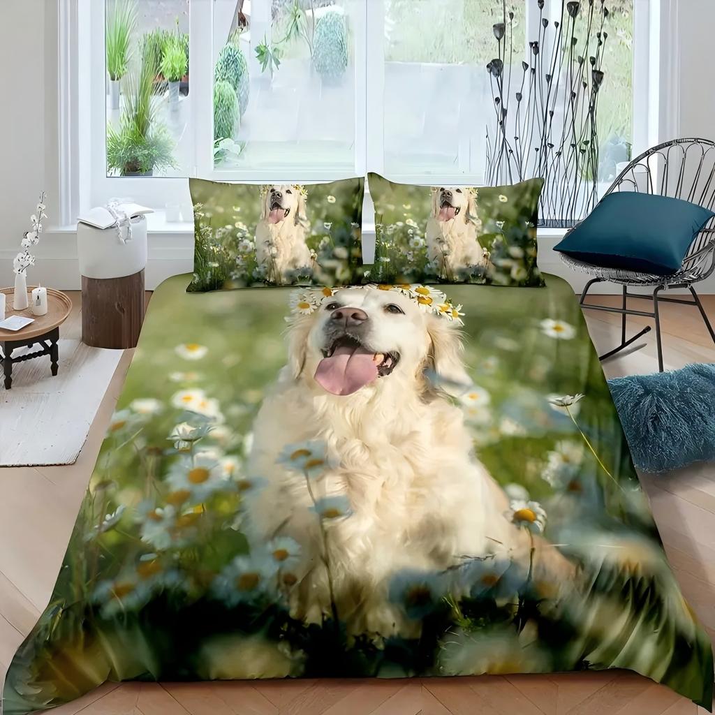 Cute Dog Wreath Flowers 3D Printed Quilt Cover Set Cute Playful Style Bedding Set Soft Comfortable Home Textiles Duvet Cover Set