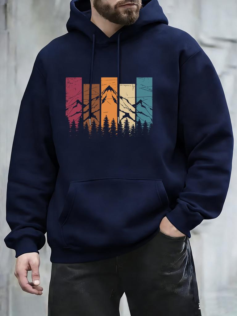 Soft fleece hoodie sweatshirt with colorful retro wilderness artwork for men daily wear and casual short‑trip outings