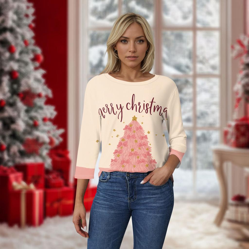 Women's O-Neck 3/4 Sleeve Christmas Print Top