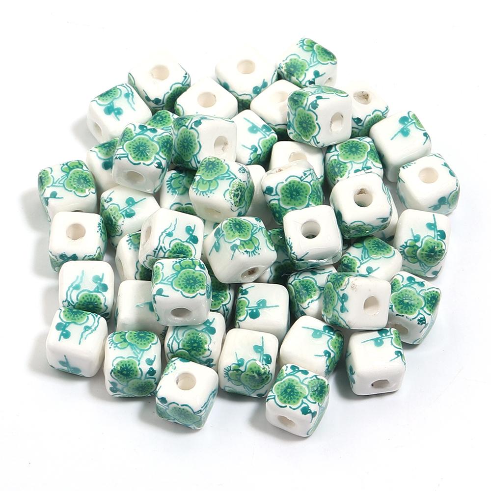 20pcs 8mm Flower Patterns Square Ceramic Beads Big Hole Porcelain Loose Beads For Jewelry Making DIY Bracelets Necklace Findings