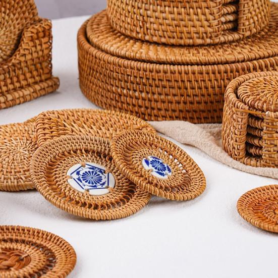 Handmade Rattan Coasters Heat Insulation Pads Kitchen Table Mats with Ceramic Inlay Decorative Placemats for Dining Room Bar
