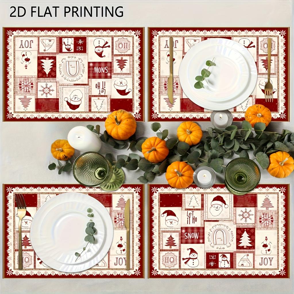 4pcs Christmas Placemats Set - Non-Slip Easy-to-Clean Linen Place Mats with Festive Snowflake and Reindeer Design