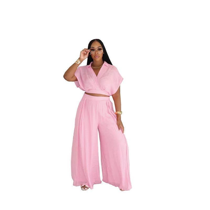 

Tw716 European and American Women Leisure Holiday Style Summer Lapel Short Top High Waist Wide Leg Pants Set Pink XXL