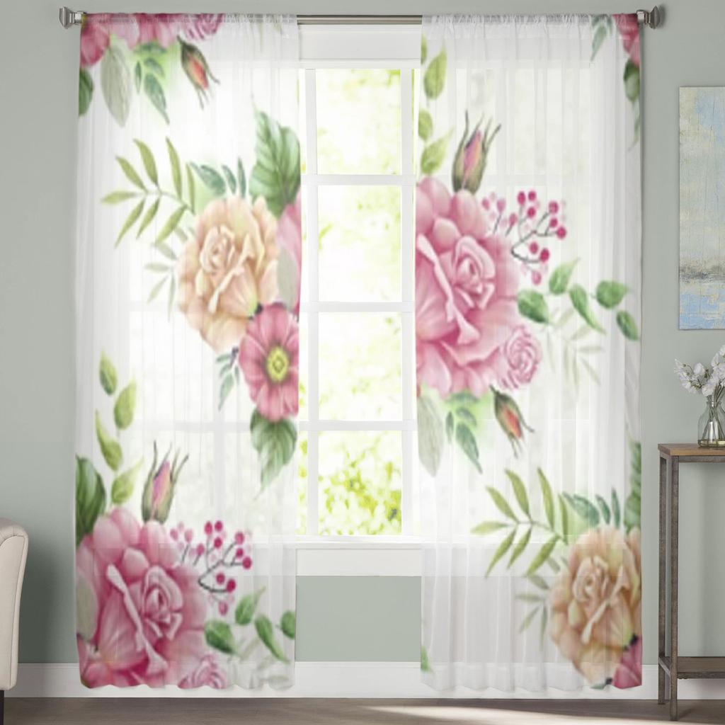 Bouquets With Flowers Roses Sheer Window Curtains For Living Room Bedroom Modern Voile Tulle Curtains Fabric Drapes For Kitchen