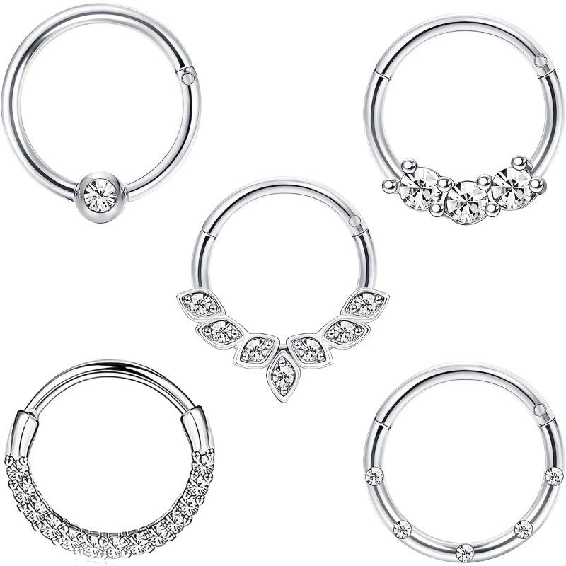 1/5pcs 16G Fashion 316L Stainless Steel CZ Hinged Septum Clicker Nose Hoop Rings, Daith Helix Tragus Cartilage Piercing Jewelry