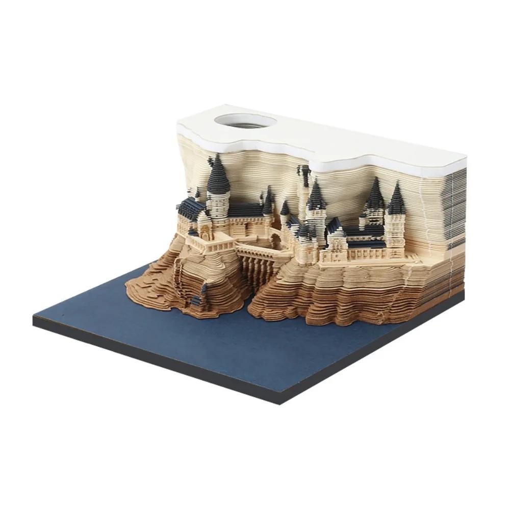 With Lights Paper Sculpture Calendar Notepad 3D Paper Craft 2026 Weekly Calendar Desktop Ornament Magic Castle Calendar