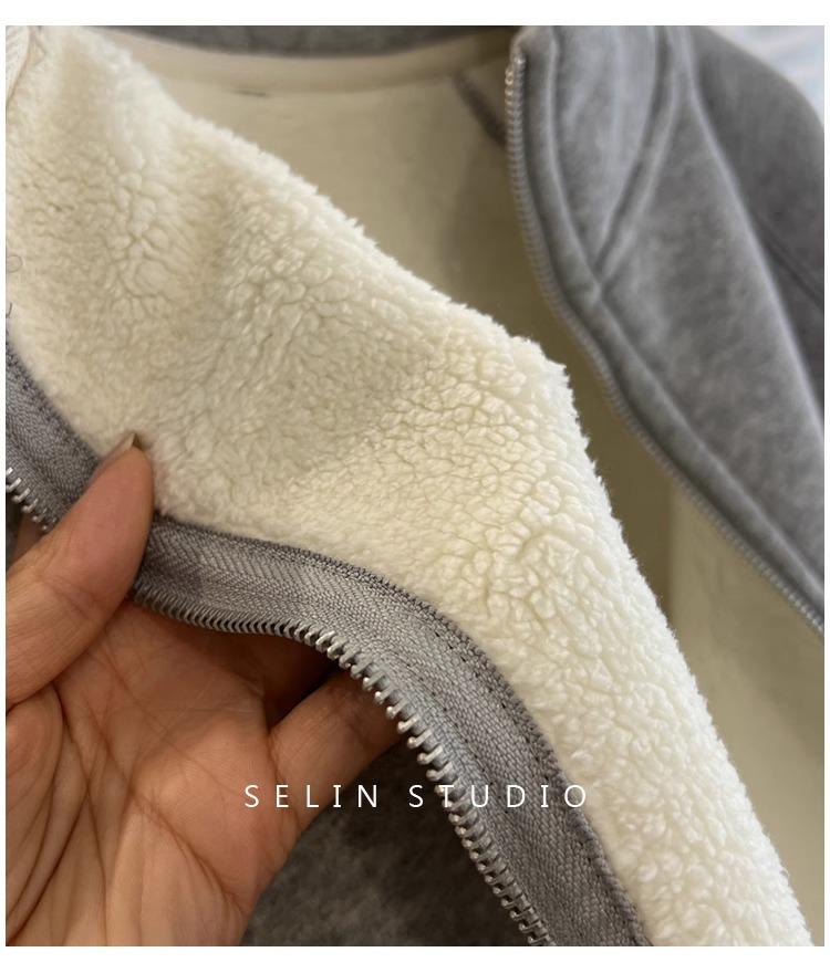 Women's Lambswool Fleece-Lined Stand Collar Zip-Up Cardigan – Thick, Versatile, Loose-Fit Winter Outerwear