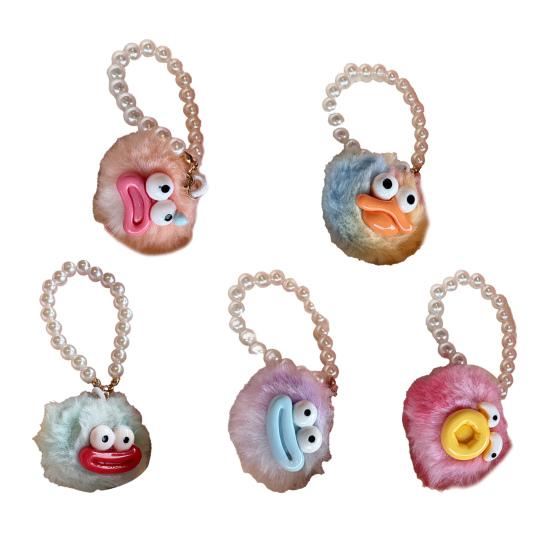Large Mouth Cartoon Plush Doll Keychain With Faux Pearls Lanyard