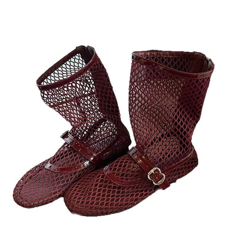 Pile boots summer thin new medium tube cool boots fashion women's boots flat bottom hollow net boots