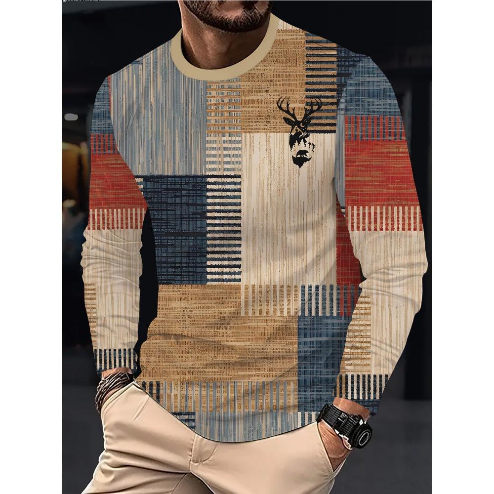 Men's Casual Deer Head Print-digital 3D Printing Stitching Contrasting Shirt-breathable Long-sleeved Top