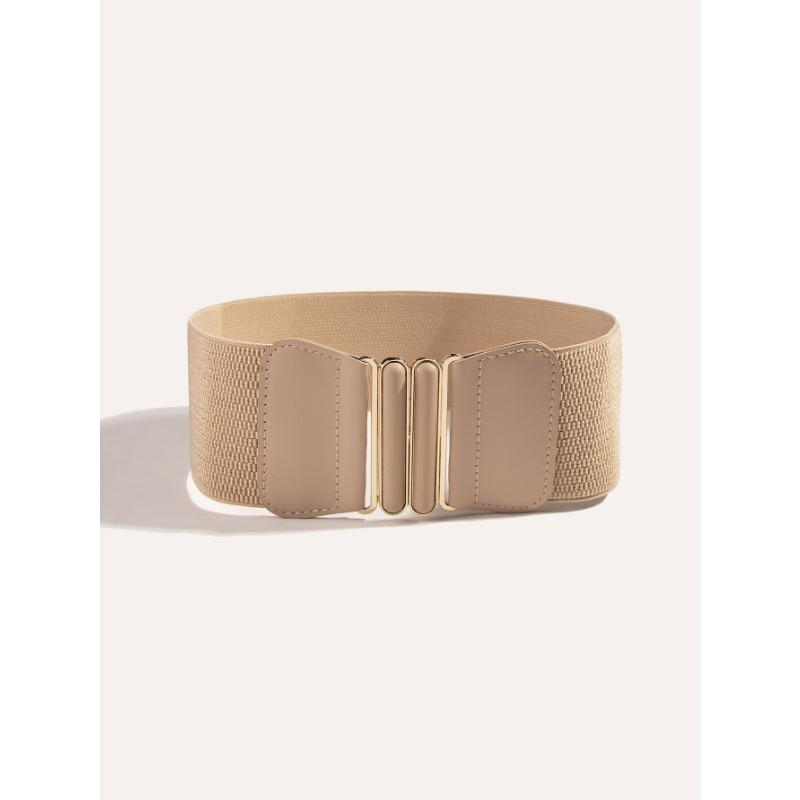 Koreanisches Damenkleid mit doppeltem ovalen Schnallenpaar, elastischem Gürtel, dekorativem Touch-Lackleder, breitem Taillenbund