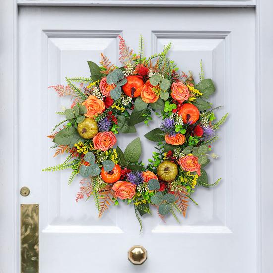 Yousheng Fall Wreath for Front Door 16 Inch Autumn Artificial Wreath with Pumpkin Peony Flower for Harvest Thanksgiving Farmhouse Decor