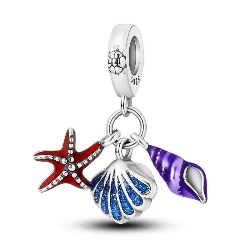 925 Sterling Silver Shell Pearl Starfish Pendant  Charm Bead Fits OriginalNew Bracelet Necklace Women DIY Fine Jewelry