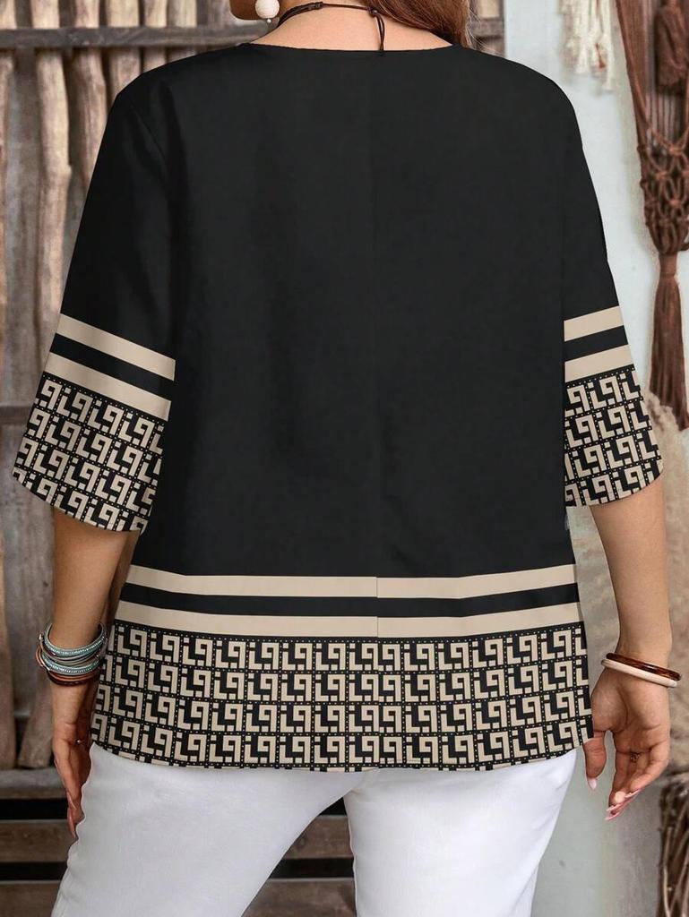 Plus Size Women's Casual V-Neck Buttoned Loose 3/5 Sleeve All-Over Print Shirt for Spring/Summer