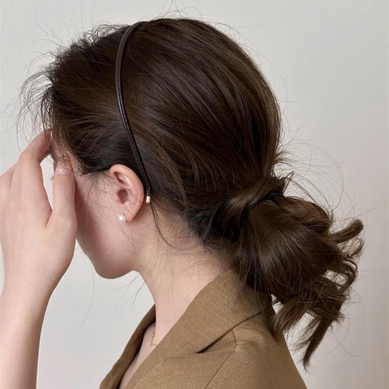 

Fashion Black Khaki Style Slender PU Vintage Hairbands Headbands for Women Girls Bezel for Party Gift Hair Bands Accessories