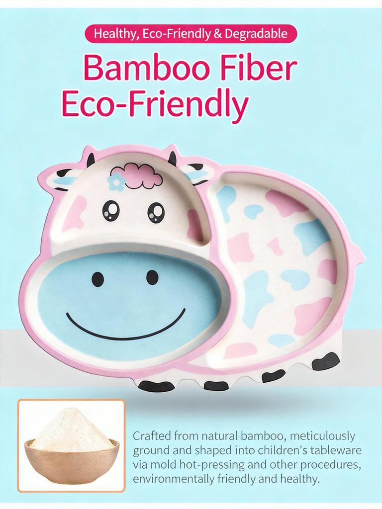 5-Piece Bamboo Fiber Children's Tableware Set: Cow & Ladybug Design with Plate, Bowl, Fork, and Spoon.
