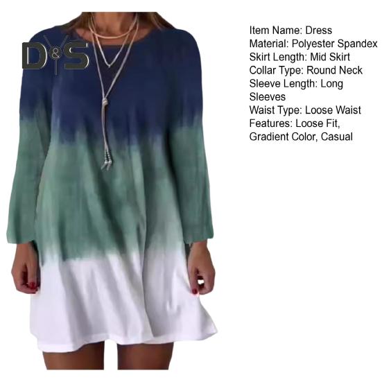 Women's Long Sleeve Dress Gradient Color Printed Dress Loose Fit Round Neck Pullover Dress for Daily Work Parties