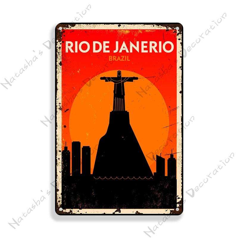 Brazil Vintage Poster Rio De Janeiro Metal Sign Landscape Decorative Sign Retro Metal Plaque Man Cave Pub Home Club Wall Decor