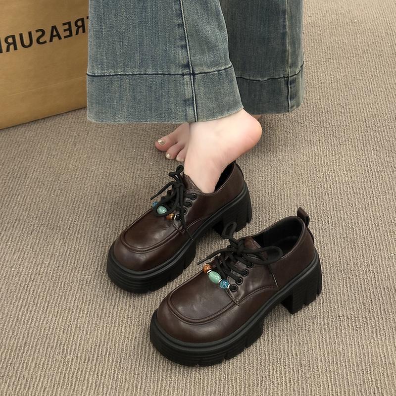 Fashion Retro round-toe beaded small leather shoes 2025 new style versatile British style thick-soled, thick-heeled, lace-up loafers