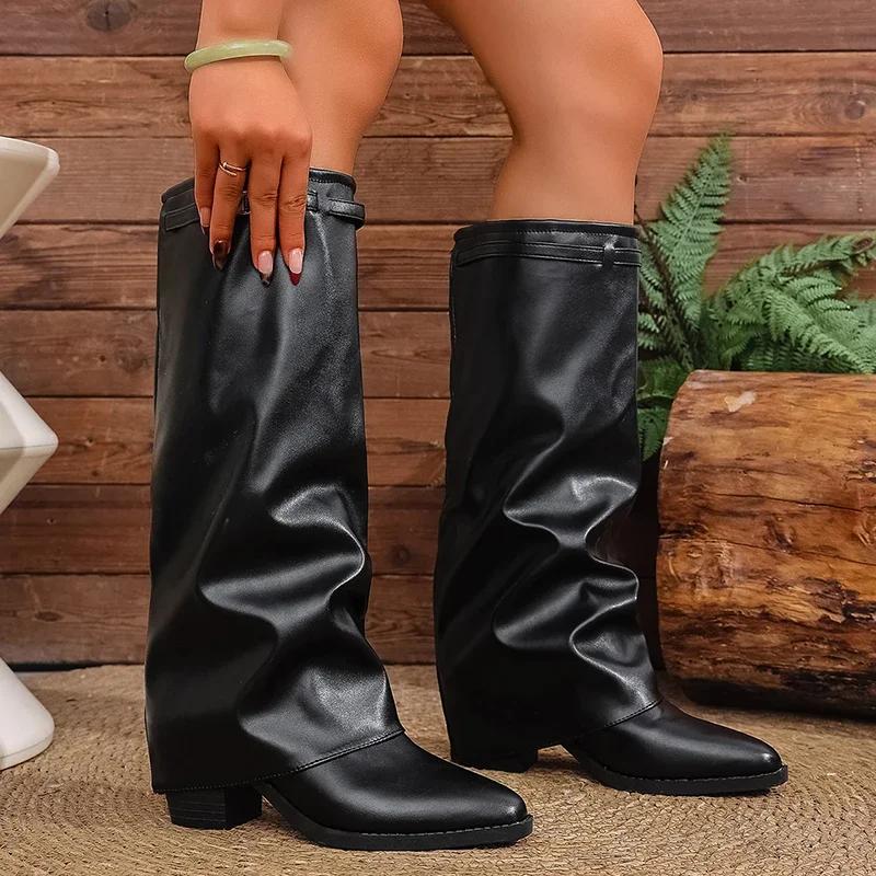 Fashion High Heel Knee High Boots Women Punk Pointed Toe Bike Long Boots Woman Autumn Winter Pu Leather Botas Mujer 36-43