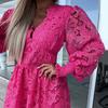 Women Fall Dress Lace Hollow Out A-line Loose Hem V Neck Long Sleeve
