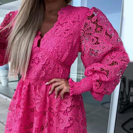 Women Fall Dress Lace Hollow Out A-line Loose Hem V Neck Long Sleeve