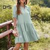 Women's Summer Swing Dress V Neck Short Sleeve Pleated Midi Dress with Lapel Collar Casual Beach Flowy A-Line Sundress