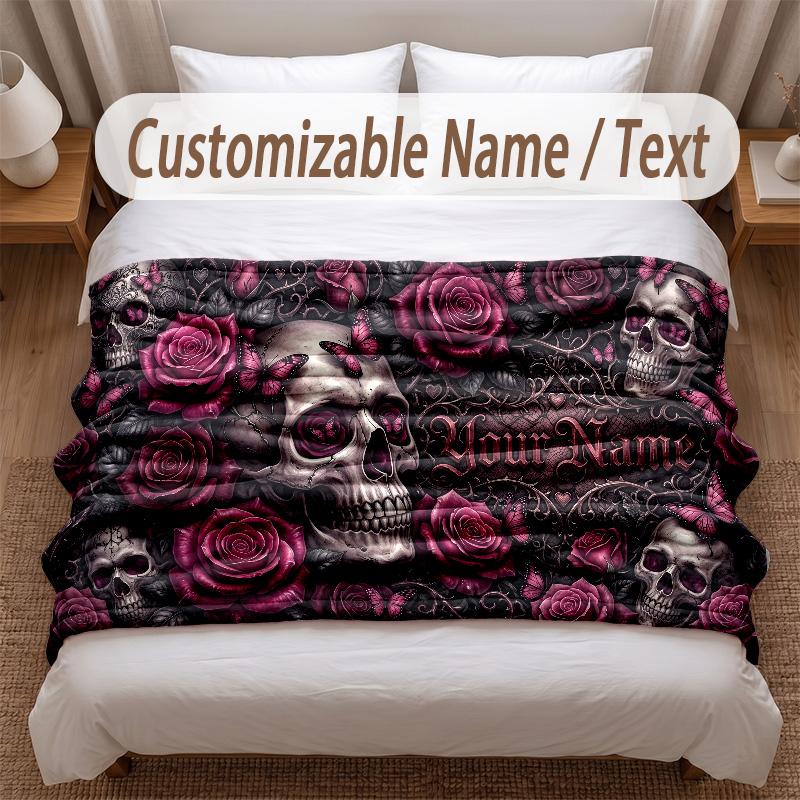 Skull Gothic Theme Soft Blanket Personalized Custom Name Text Print Warm Blanket Home Sofa Bedroom Decor